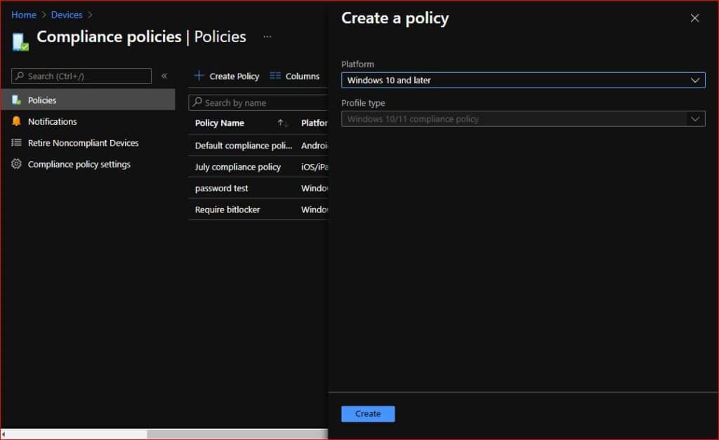  built in device compliance policy in Intune