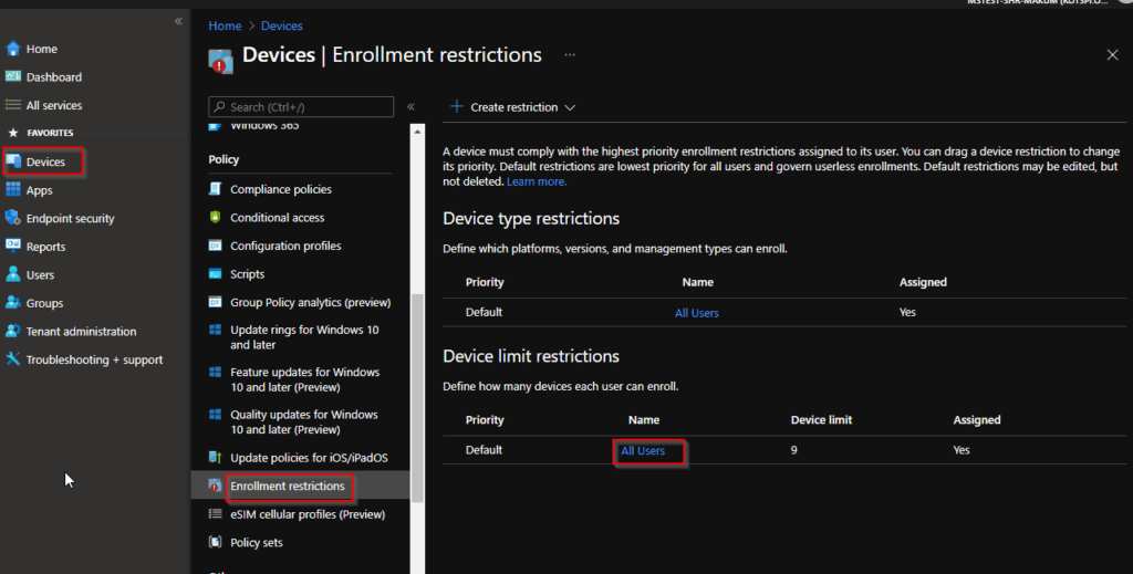 intune device limit notification